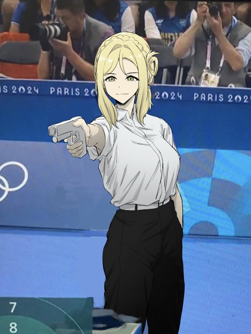 1girl 2024_summer_olympics black_pants blonde_hair closed_mouth collared_shirt commentary_request gun hair_rings hand_in_pocket handgun highres holding holding_gun holding_weapon love_live! love_live!_sunshine!! ohara_mari olympics pants shirt single_hair_ring solo standing upper_body weapon white_shirt yakult1124 yellow_eyes yusuf_dikec yusuf_dikec_(meme)