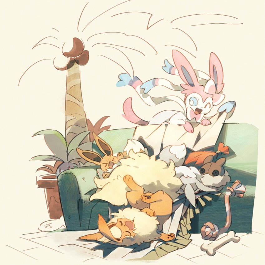 ;d absurdres blue_eyes bone bright_pupils commentary couch eevee fang flareon game_freak gen_1_pokemon gen_6_pokemon highres lanjiujiu nintendo no_humans oddish one_eye_closed open_mouth pokemon pokemon_(creature) pokemon_focus smile sylveon symbol-only_commentary white_pupils