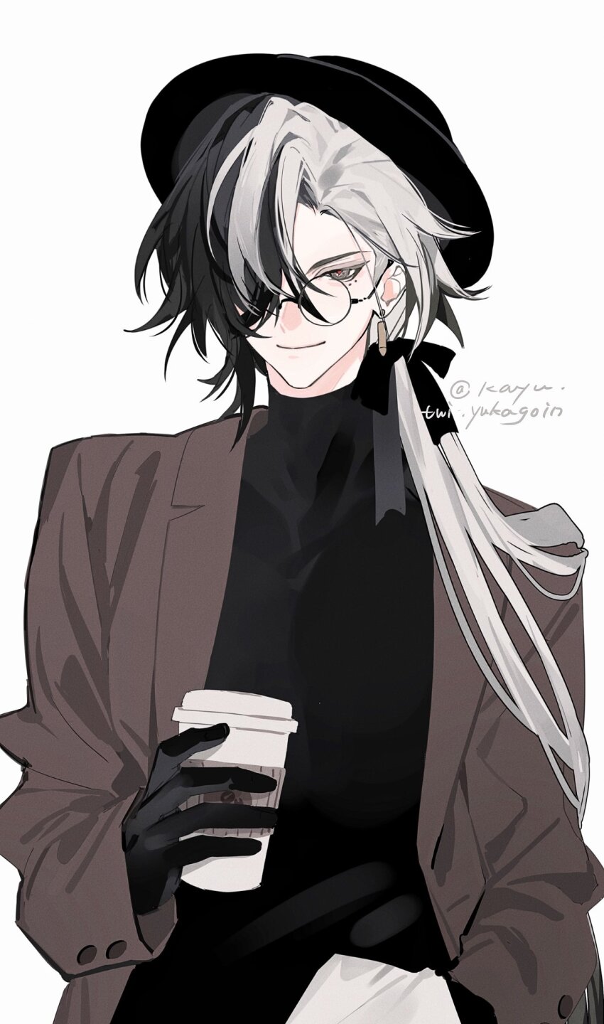 1boy artist_name black_eyes black_gloves black_hair black_hat black_ribbon black_sweater boothill_(honkai:_star_rail) brown_coat bullet_earrings closed_mouth coat commentary crossed_bangs cup disposable_coffee_cup disposable_cup earrings gloves hair_over_one_eye hair_ribbon hand_up hat highres holding holding_cup honkai:_star_rail honkai_(series) jewelry kayu_(yukagoin) long_hair long_sleeves looking_at_viewer male_focus mole mole_under_eye multicolored_hair one_eye_covered open_clothes open_coat parted_bangs red_pupils ribbon simple_background smile solo streaked_hair sweater symbol-only_commentary turtleneck turtleneck_sweater twitter_username upper_body white_background white_hair