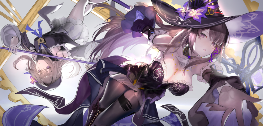 1girl absurdres black_pantyhose breasts brown_hair cleavage closed_mouth detached_sleeves dress expressionless flower frilled_dress frilled_sleeves frills hair_between_eyes hair_flower hair_ornament hat hat_flower herta_(honkai:_star_rail) highres holding holding_polearm holding_weapon honkai:_star_rail honkai_(series) jewelry key key_necklace large_breasts large_hat lock_necklace long_hair looking_at_viewer multiple_views necklace pantyhose polearm purple_dress purple_eyes purple_hat simple_background strapless strapless_dress the_herta_(honkai:_star_rail) upside-down user_dwzh7447 very_long_hair weapon witch_hat