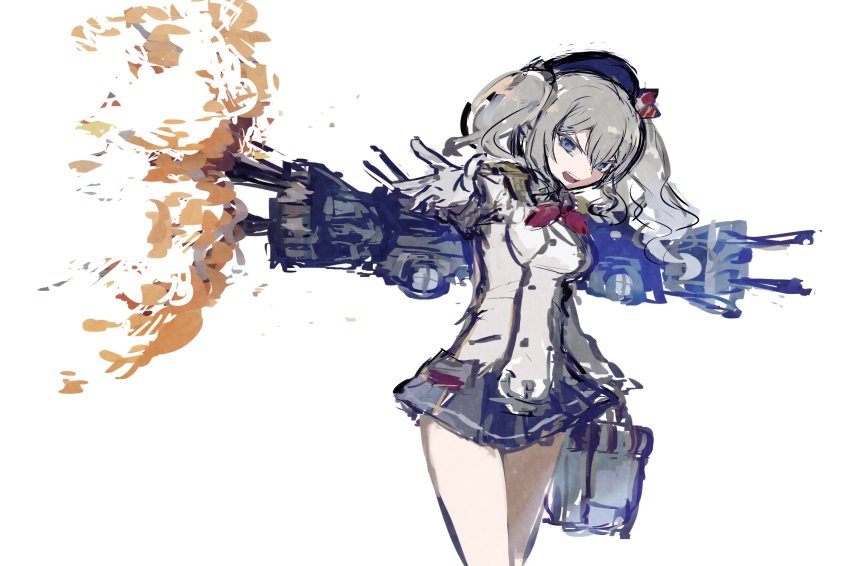 1girl agtt25333 anchor beret black_skirt blue_eyes breasts buttons commentary cowboy_shot double-breasted epaulettes explosion female_focus frilled_sleeves frills frown gloves grey_eyes hair_between_eyes hat highres jacket kantai_collection kashima_(kancolle) kerchief long_hair long_sleeves looking_at_viewer machinery military military_jacket military_uniform miniskirt neckerchief open_mouth pleated_skirt reaching reaching_towards_viewer red_neckerchief rigging round_teeth searchlight ship_turret sidelocks silver_hair simple_background skirt solo teeth tsurime twintails wavy_hair weapon white_background white_gloves white_jacket