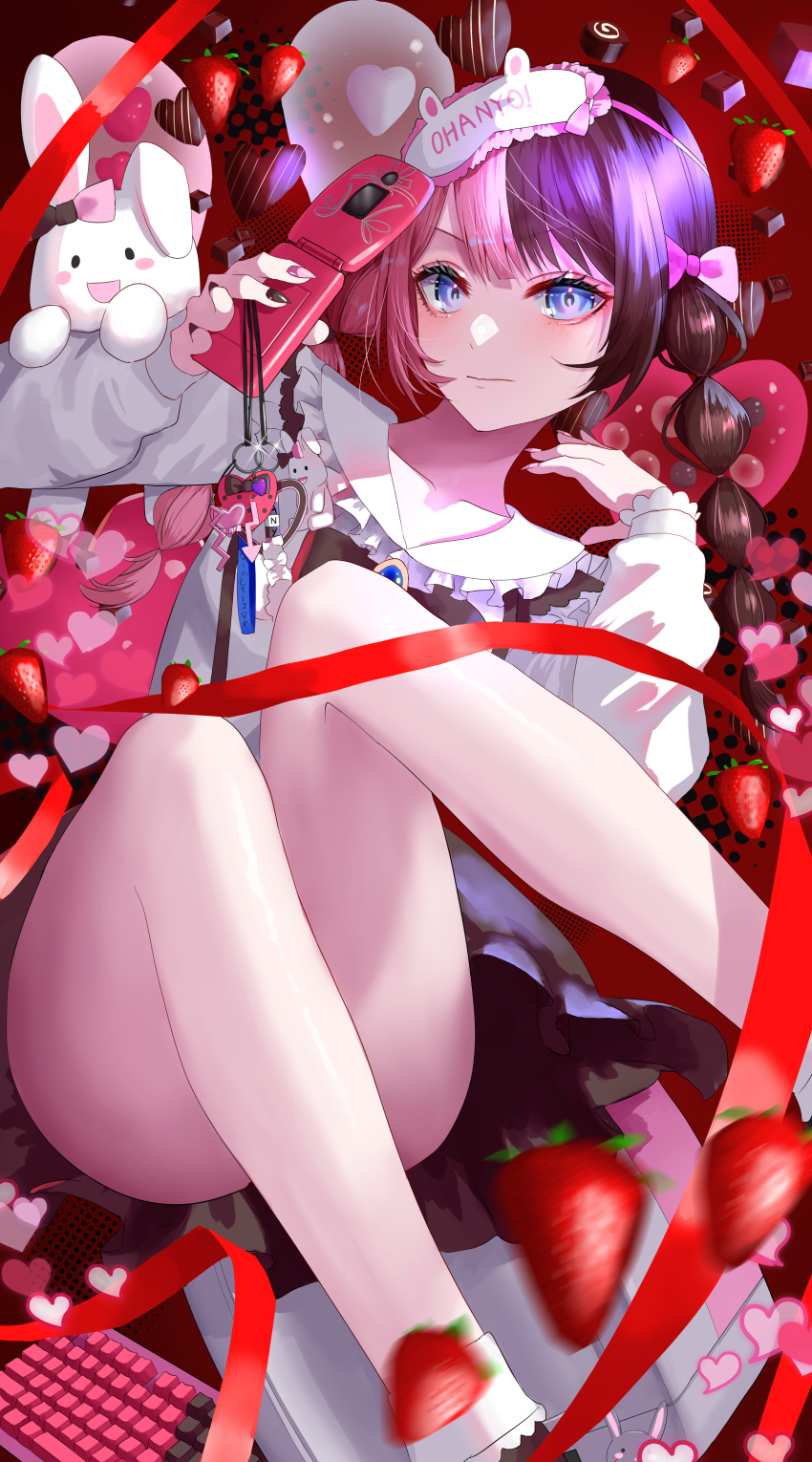1girl absurdres bare_legs black_hair black_nails black_skirt blue_eyes blush bow food frilled_sailor_collar frills fruit highres holding holding_phone long_hair long_sleeves looking_at_viewer multicolored_hair phone pink_bow pink_hair sailor_collar shirt skirt solo split-color_hair strawberry tachibana_hinano two-tone_hair virtual_youtuber vspo! white_shirt yusuke_(shiota)