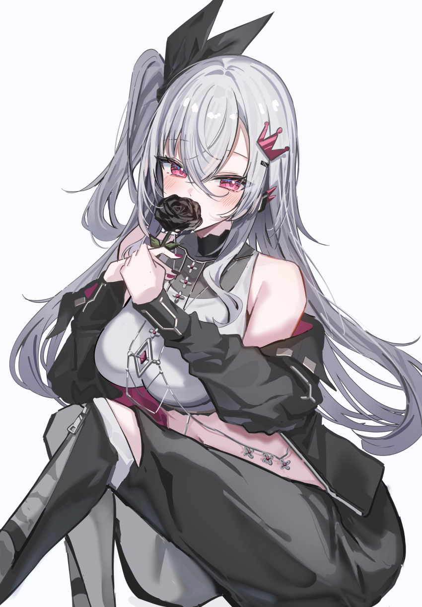 1girl absurdres black_bow black_flower black_jacket black_pants black_rose bow breasts cropped_shirt detached_pants double-parted_bangs earclip flower grey_hair haidollo hair_between_eyes hair_bow high_collar highres holding holding_flower hololive hololive_dev_is isaki_riona jacket knee_cutout large_breasts long_hair looking_at_viewer midriff navel off_shoulder one_side_up pants red_eyes rose shirt sidelocks simple_background sitting sleeveless sleeveless_shirt solo two-tone_pants virtual_youtuber white_background white_pants white_shirt