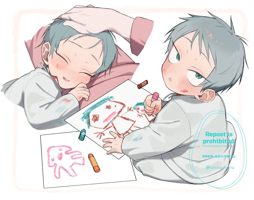 1boy 1girl 4tsuba_kuma aged_down alien_stage commentary crayon drawing_(object) green_eyes grey_hair hand_on_another&#039;s_head highres holding holding_crayon io_(alien_stage) long_sleeves male_focus mother_and_son open_mouth pants pink_pants pink_shirt shirt short_hair sitting symbol-only_commentary till_(alien_stage) very_short_hair white_pants white_shirt