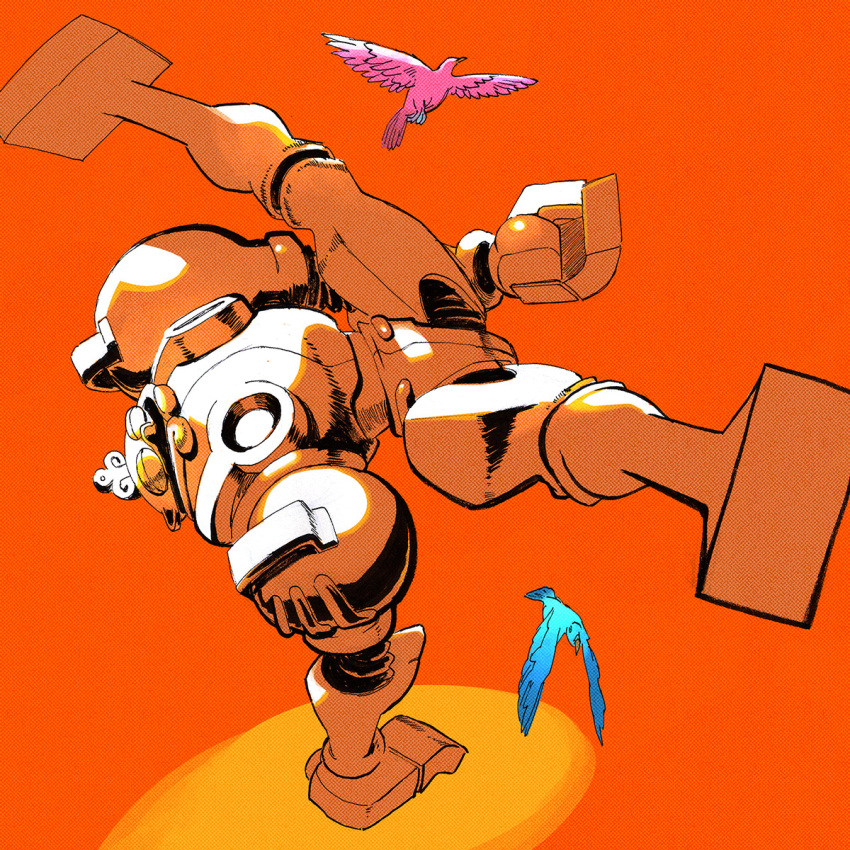 1boy animal ben-day_dots bird breakdance capcom dancing darkstalkers feathers flying full_body handstand highres huitzil_(darkstalkers) mecha mexico no_humans orange_background robot screentones sebazebes solo spread_legs