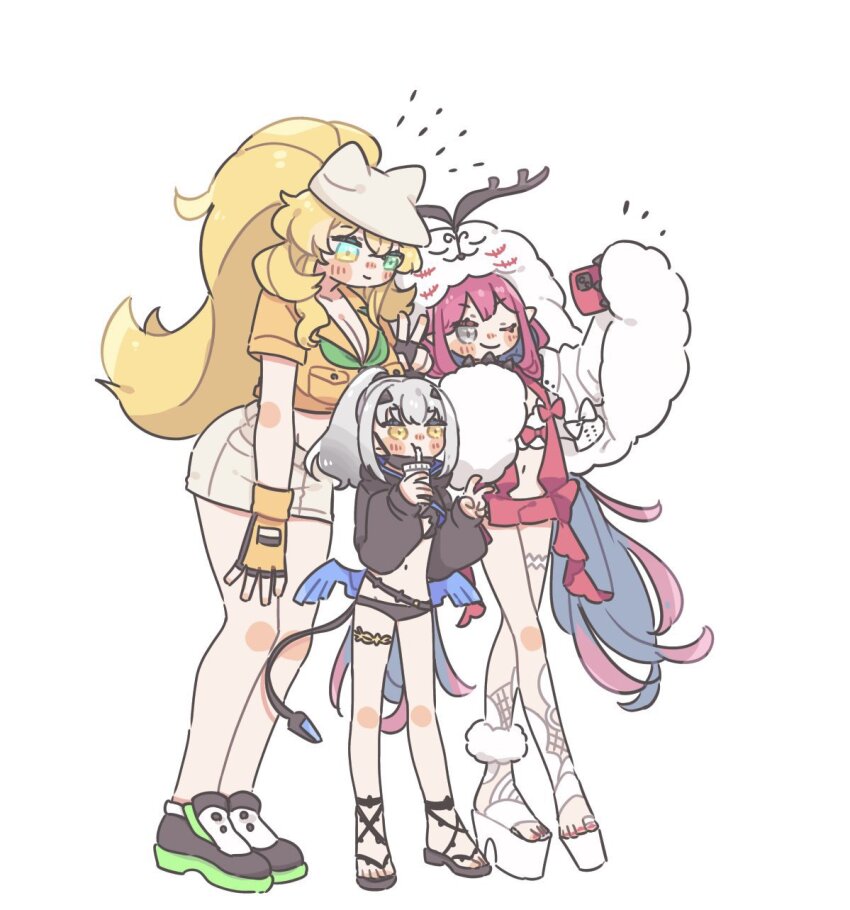 3girls anko_omotimoti baobhan_sith_(fate) baobhan_sith_(swimsuit_pretender)_(fate) baobhan_sith_(swimsuit_pretender)_(first_ascension)_(fate) barghest_(fate) barghest_(swimsuit_archer)_(fate) barghest_(swimsuit_archer)_(first_ascension)_(fate) bikini blonde_hair blue_eyes blush cernunnos_(fate) fate/grand_order fate_(series) full_body grey_eyes grey_hair highres long_hair melusine_(fate) melusine_(swimsuit_ruler)_(fate) melusine_(swimsuit_ruler)_(first_ascension)_(fate) multiple_girls one_eye_closed platform_footwear platform_heels selfie shorts smile swimsuit yellow_eyes