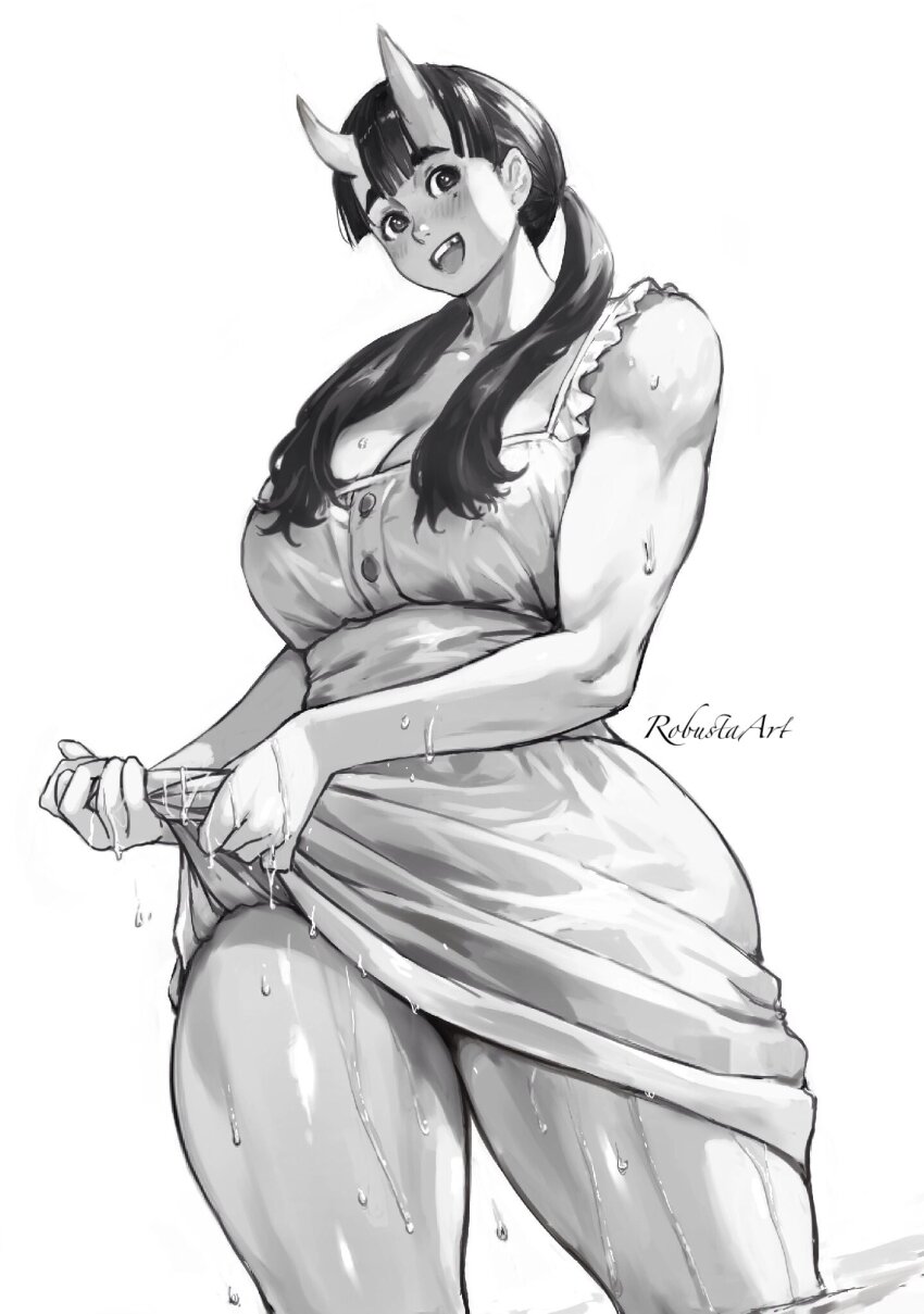1girl artist_name black_hair blush breasts broken_tooth chipped_tooth commentary cowboy_shot dress dungeon_meshi english_commentary greyscale highres horns inutade large_breasts looking_at_viewer low_twintails mole mole_under_eye monochrome oni open_mouth robusta_mania skin-covered_horns skirt_hold sleeveless sleeveless_dress smile solo twintails wading water wet wet_clothes wet_dress wringing_clothes wringing_dress