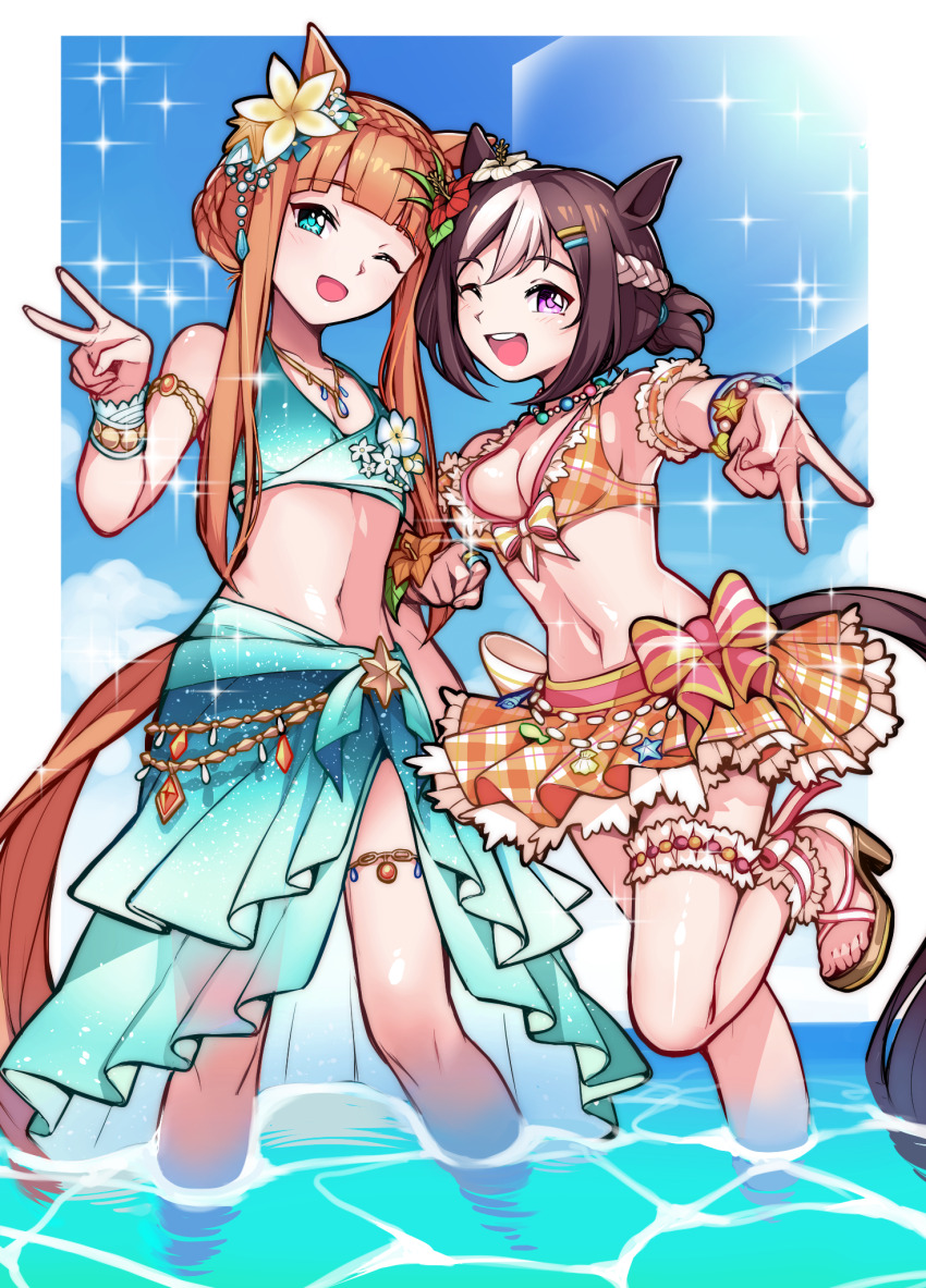 2girls animal_ears aqua_sarong arm_garter bare_shoulders bead_necklace beads bikini bikini_skirt blunt_bangs blunt_tresses braid breasts brown_hair cleavage crown_braid ear_flower flower frilled_bikini frills gradient_bikini gradient_sarong hair_ornament hairclip hibiscus high_heel_sandals high_heels highres horse_ears horse_girl jewelry leg_up looking_at_viewer multiple_girls necklace official_alternate_costume official_alternate_hairstyle orange_bikini orange_hair partially_submerged plaid_bikini plaid_clothes plaid_sleeves plumeria purple_eyes sandals sarong sbql_(niaunclefan) short_hair silence_suzuka_(emerald_on_the_waves)_(umamusume) silence_suzuka_(umamusume) special_week_(hopping_vitamin_heart)_(umamusume) special_week_(umamusume) swimsuit umamusume v white_hair wrist_flower