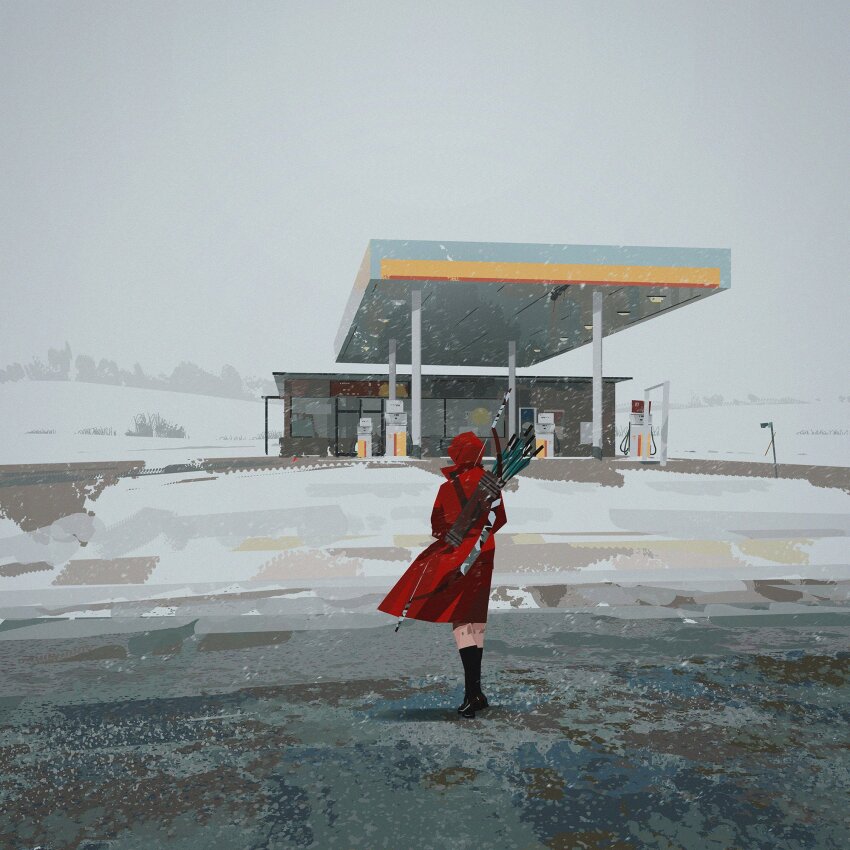 1girl black_boots blizzard boots cloak coat commentary day english_commentary from_behind gas_station girl_chasing_giants_(yun_ling) grey_sky highres holding hood hood_up hooded_cloak hooded_coat long_sleeves original outdoors red_cloak road rubber_boots scenery short_hair sky snow snowing solo standing wide_shot winter yun_ling