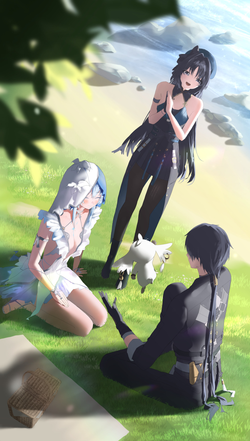 1boy 1other 2girls absurdres bare_legs black_gloves black_hair black_pants blue_hair brown_pantyhose closed_eyes cryne dress gloves grass highres long_hair multiple_girls pants pantyhose ponytail rover_(animal_crossing) rover_(wuthering_waves) shorekeeper_(wuthering_waves) smile stone veil water white_dress wuthering_waves yangyang_(wuthering_waves)