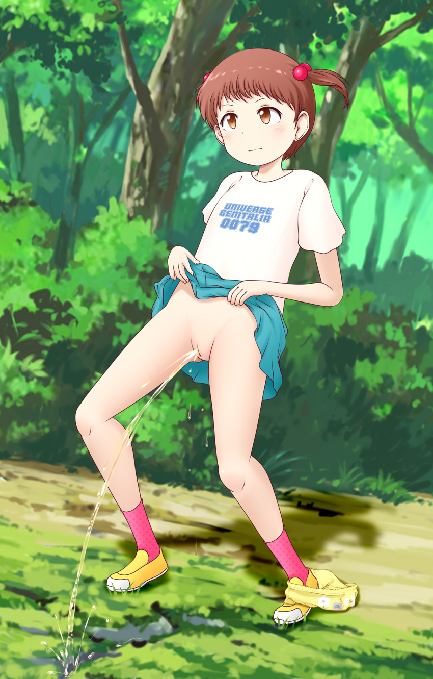 1girl blue_skirt blush brown_eyes brown_hair bush clothes_lift clothes_writing flat_chest floral_print forest fundarikettari grass hair_bobbles hair_ornament highres lace lace-trimmed_panties lace_trim loli looking_down nature original panties panties_around_one_ankle peeing polka_dot polka_dot_socks print_panties puddle pussy red_socks shirt shoes short_hair short_sleeves skirt skirt_lift socks squatting tree twintails underwear white_shirt yellow_panties yellow_shoes