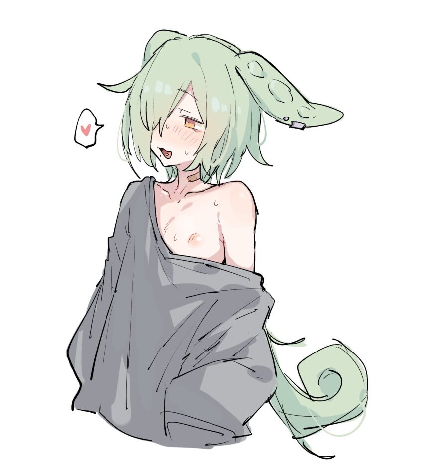 1girl androgynous azuma_shino bandaid blush flat_chest grey_sweater heart highres mole mole_under_mouth nipple_slip nipples one_eye_covered piercing skinny spoken_heart sweat sweater tongue_piercing voicevox zundamon