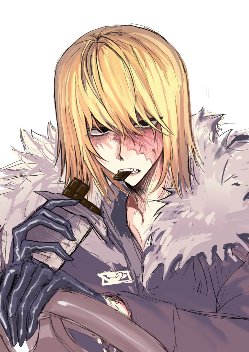 1boy absurdres black_coat black_eyes black_gloves blonde_hair burn_scar candy chinese_commentary chocolate chocolate_bar coat commentary_request death_note eating food fur-trimmed_coat fur_trim gloves highres holding holding_candy holding_food male_focus mello_(death_note) scar scar_on_face shuicha803 simple_background solo steering_wheel teeth upper_body white_background white_fur