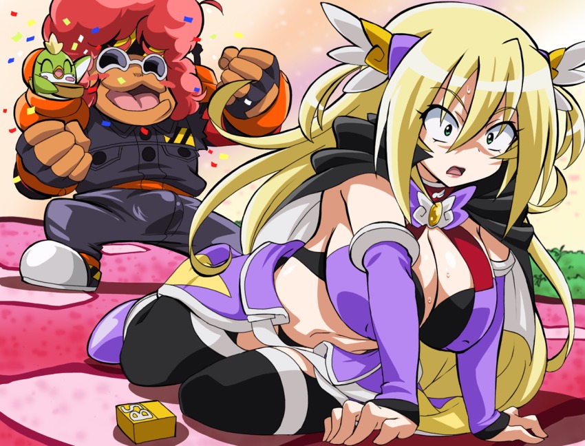 1girl ake_no_hoshi_no_elise battle_spirits big_hair blonde_hair blush breasts brooch bulge cape cleavage closed_eyes erection erection_under_clothes fingerless_gloves gloves green_eyes happy head_wings jewelry large_breasts legs legs_together long_hair makino_tomoyasu navel open_mouth red_hair saikyou_ginga_ultimate_zero_~battle_spirits~ shoes sitting smile sneakers standing sunglasses sweatdrop thighhighs thighs wings