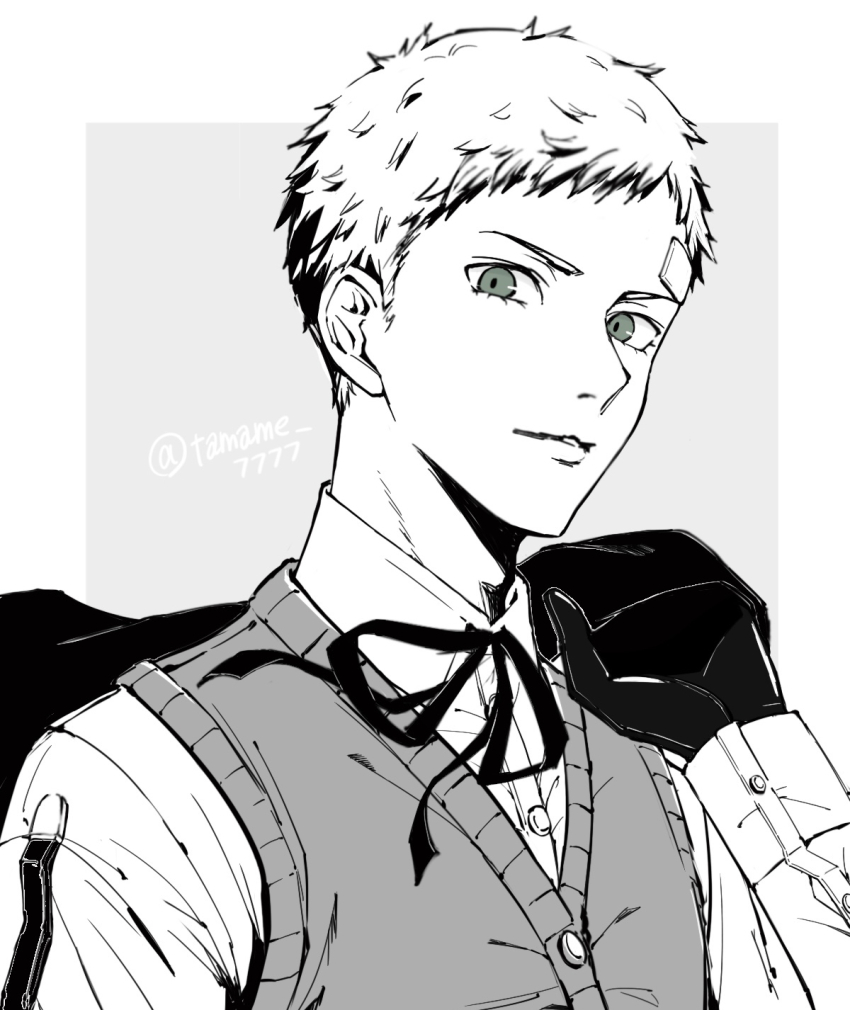 1boy bandaid bandaid_on_face bandaid_on_forehead black_gloves black_ribbon border collared_shirt commentary_request gloves grey_eyes greyscale highres holding holding_jacket holding_unworn_clothes jacket long_sleeves looking_at_viewer male_focus monochrome neck_ribbon outside_border parted_lips persona persona_3 ribbon sanada_akihiko shirt short_hair solo sweater_vest tamame_7777 twitter_username unworn_jacket upper_body white_border white_shirt