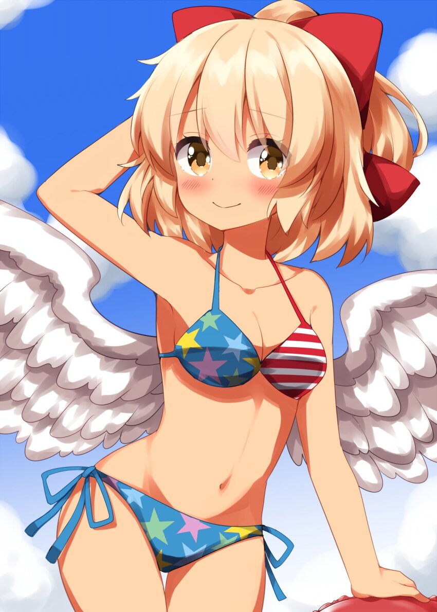 1girl arm_behind_head bikini blonde_hair blue_bikini blush bow breasts cleavage closed_mouth collarbone commentary_request cowboy_shot day feathered_wings gengetsu_(touhou) hair_bow halterneck highres looking_at_viewer medium_breasts navel outdoors print_bikini red_bikini red_bow ruu_(tksymkw) short_hair side-tie_bikini_bottom smile solo star_(symbol) star_print stomach striped_bikini striped_clothes swimsuit tan touhou touhou_(pc-98) white_wings wings yellow_eyes