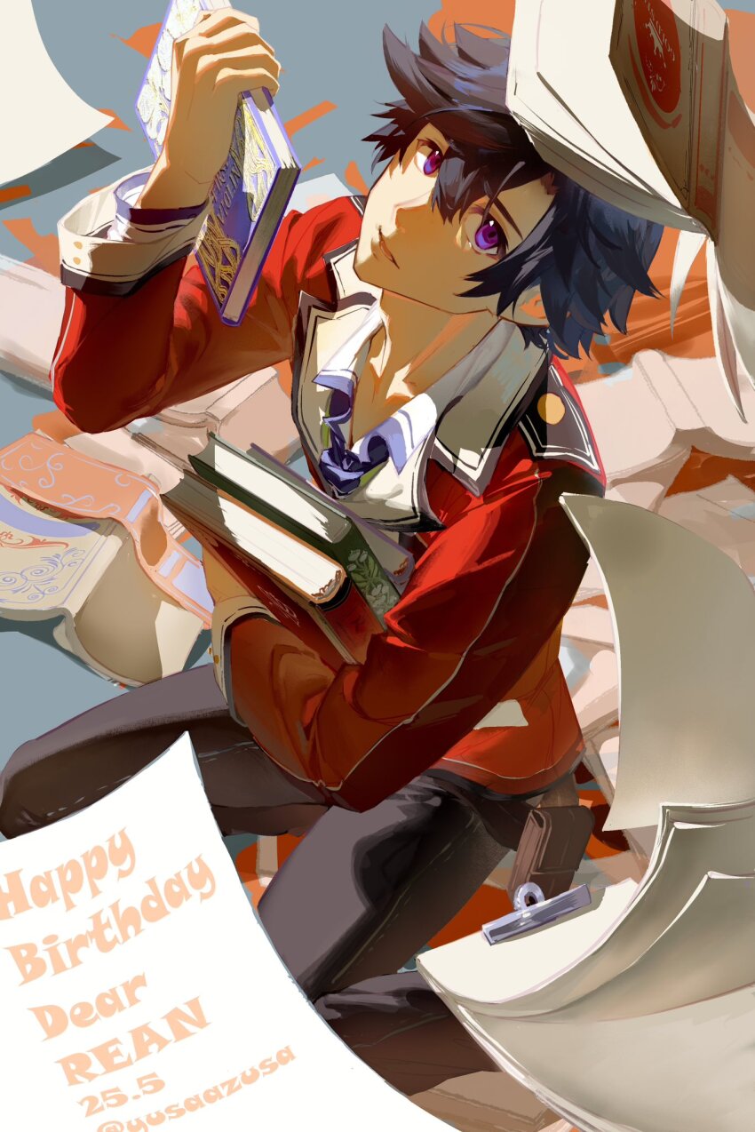 black_hair book clipboard curtained_hair dated eiyuu_densetsu english_text hair_between_eyes happy_birthday highres holding holding_book jacket kneeling looking_at_viewer necktie open_book paper parted_bangs purple_eyes rean_schwarzer school_uniform sen_no_kiseki_(series) sen_no_kiseki_i short_hair thors_military_academy_class_vii_uniform twitter_username yusaazusa
