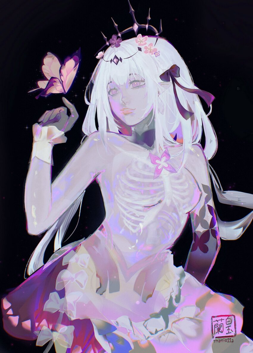 1girl aegyo_sal artist_name black_background black_bow black_gloves black_halo bow breasts bug butterfly castorice_(honkai:_star_rail) collarbone colored_skin commentary cowboy_shot diamond_(shape) film_grain flower frilled_gloves frills gloves grey_skin grin hair_between_eyes hair_bow halo hand_up highres honkai:_star_rail honkai_(series) insect lips looking_at_animal manio11a medium_hair orange_butterfly pink_flower pointy_ears purple_eyes ribs simple_background small_breasts smile solo turning_head white_bow white_hair