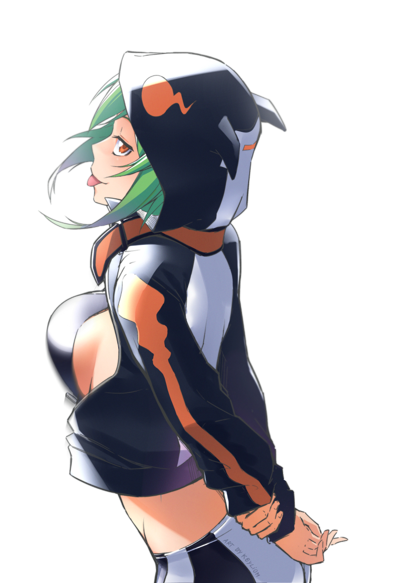 1girl arms_behind_back bike_shorts bikini black_bikini black_jacket black_shorts breasts cowboy_shot digimon digimon_world_re:digitize from_side green_hair highres hood hooded_jacket jacket keyliom looking_at_viewer medium_breasts open_clothes open_jacket shinomiya_rina shorts simple_background solo swimsuit tongue white_background