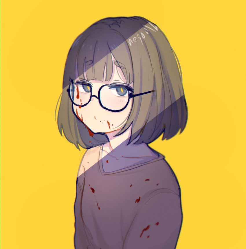 1girl absurdres artist_name blood blood_on_clothes blood_on_face blue_eyes brown_hair closed_mouth collarbone commentary glasses highres long_sleeves looking_at_viewer neqo_(neneneqo) original short_hair signature simple_background slit_pupils solo symbol-only_commentary thick_eyebrows yellow_background