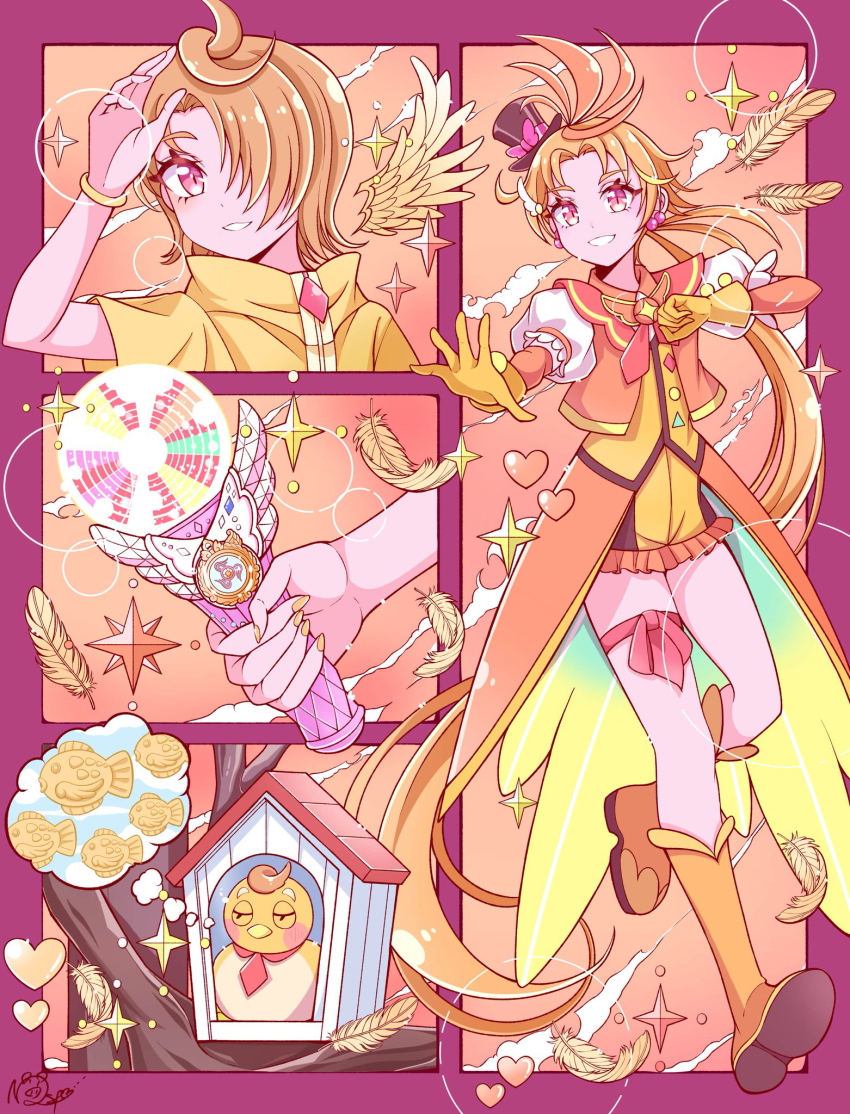 1boy artist_name bird birdhouse bracelet brooch coattails commentary cure_wing earrings feather_hair_ornament feathers frilled_shorts frills gloves grin hair_ornament hair_over_shoulder hat highres hirogaru_sky!_precure holding jacket jewelry layered_gloves leg_ribbon long_hair low_ponytail magical_boy male_focus mini_hat mini_top_hat multiple_views nail_polish orange_gloves orange_hair orange_jacket orange_shorts orange_vest ponytail precure puffy_short_sleeves puffy_sleeves red_eyes red_ribbon ribbon satowa_(circuit) shirt short_shorts short_sleeves shorts signature sky_mirage smile standing standing_on_one_leg top_hat tree very_long_hair vest wing_brooch yellow_shirt yuunagi_tsubasa yuunagi_tsubasa_(bird)