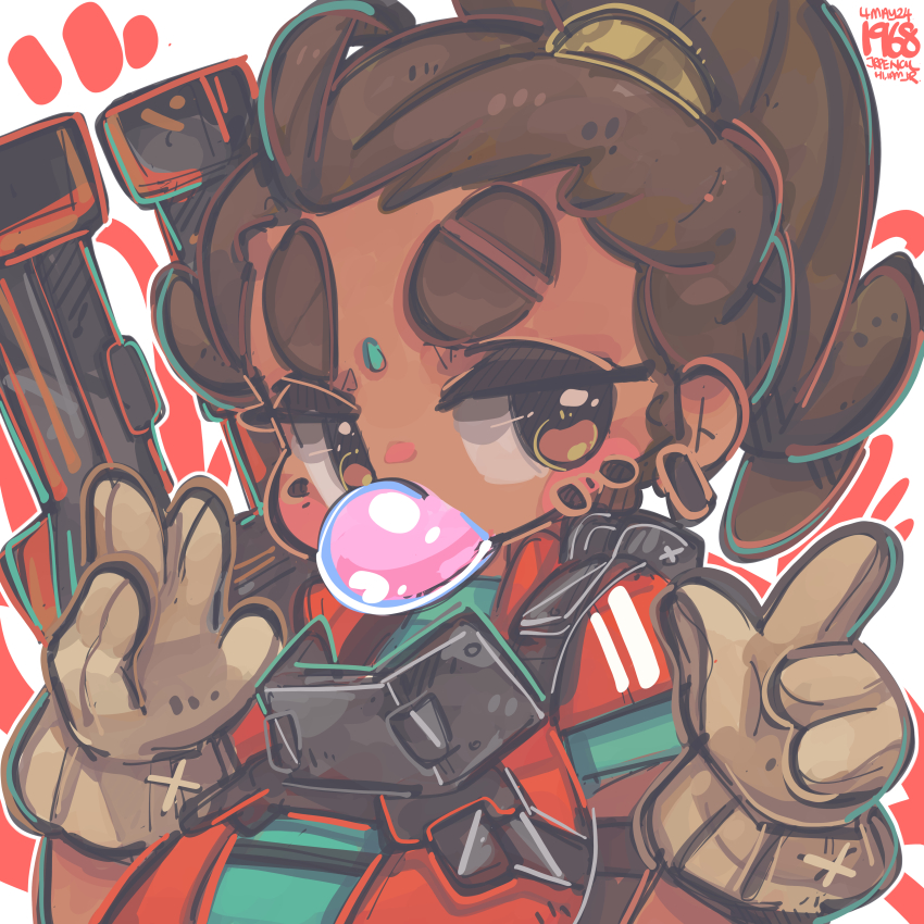 1girl absurdres animification apex_legends aqua_shirt blush brown_eyes brown_gloves brown_hair eyebrow_cut gloves hair_behind_ear highres jacket jrpencil orange_jacket ponytail rampart_(apex_legends) sheila_(minigun) shirt solo thick_eyebrows v-shaped_eyebrows weapon weapon_on_back white_background