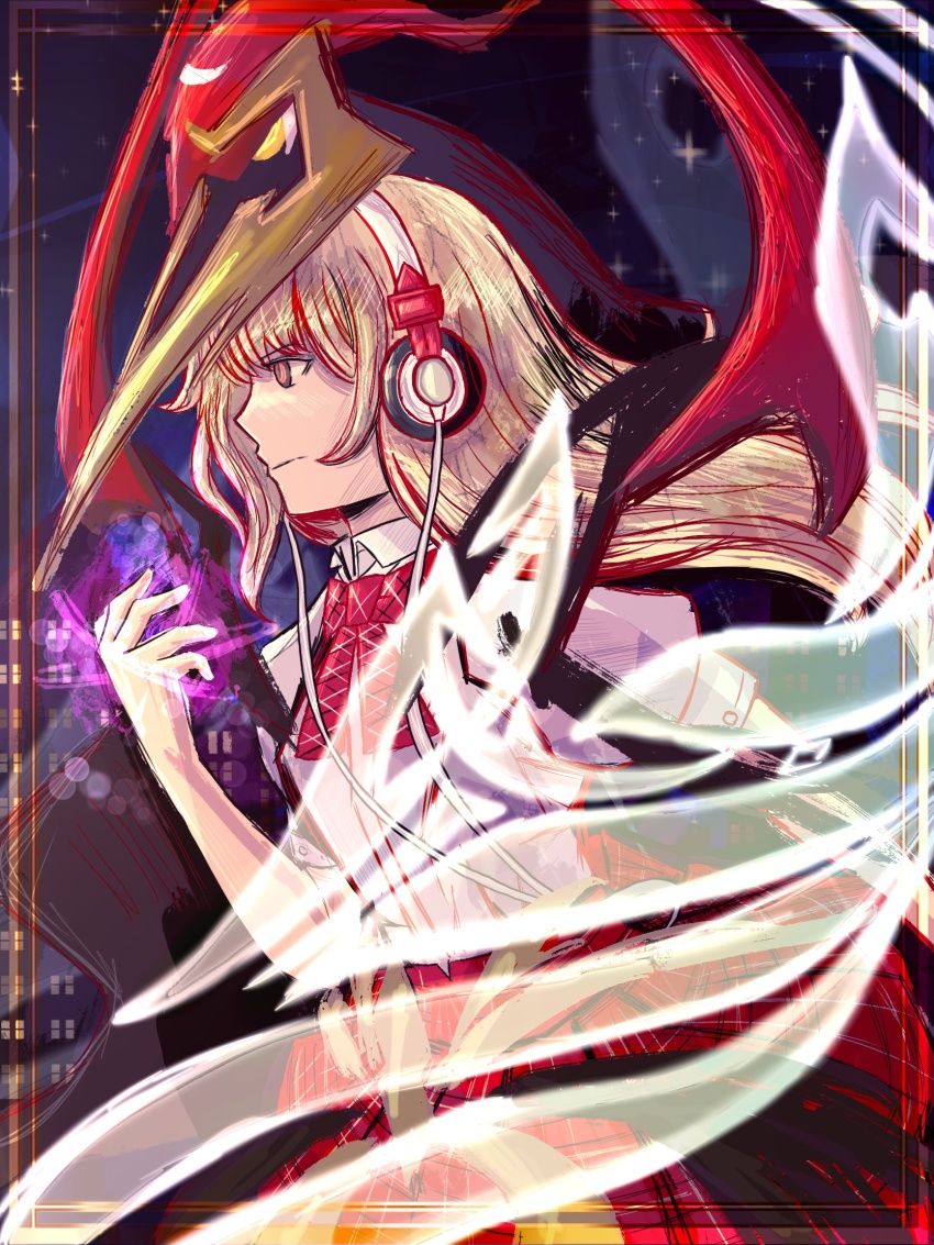 1girl alternate_form blonde_hair collared_shirt eyebrows eyebrows_hidden_by_hair female_focus glowing glowing_hand headphones highres long_hair matsunae_tsugumi monster plaid_clothes plaid_ribbon plaid_skirt red_eyes red_ribbon red_skirt ribbon school_uniform shin_subarashiki_kono_sekai shirt shirt_tucked_in skirt solo subarashiki_kono_sekai transparent_wings white_shirt wings