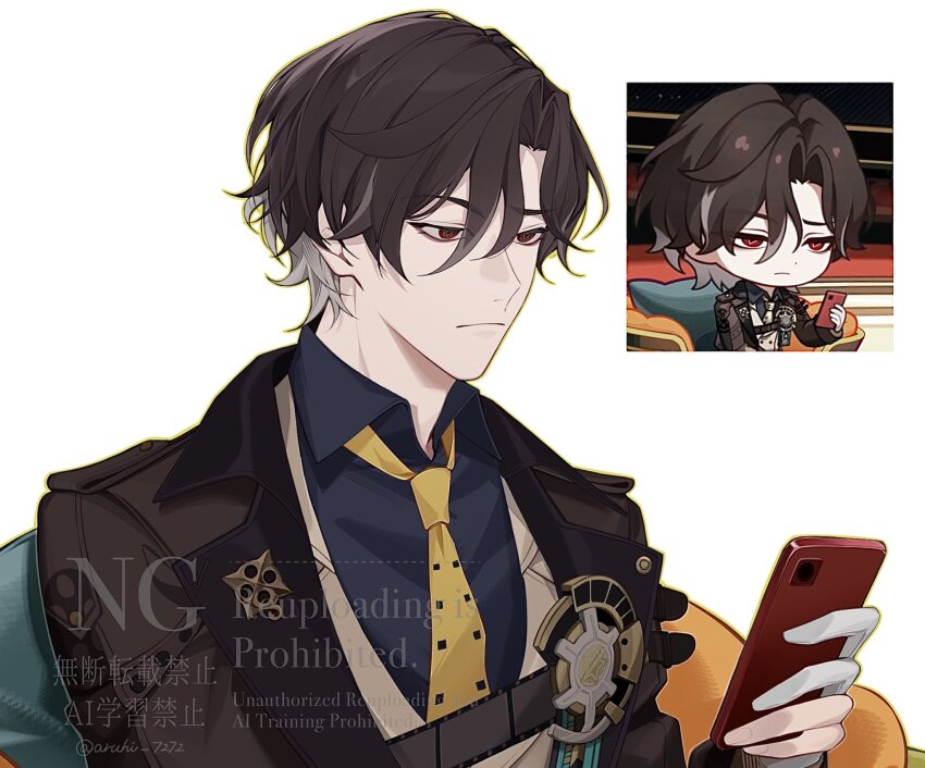1boy aruhi_7272 black_shirt brown_hair brown_jacket cellphone chair closed_mouth collared_shirt derivative_work film_strip fingernails gears gloves grey_hair hair_between_eyes half-closed_eyes hand_up highres holding holding_phone honkai:_star_rail honkai_(series) jacket lapels long_sleeves looking_at_phone male_focus mr._reca_(honkai:_star_rail) multicolored_hair necktie on_chair open_clothes open_jacket partially_fingerless_gloves phone puffy_long_sleeves puffy_sleeves red_eyes screenshot_redraw shirt short_hair simple_background sitting smartphone solo symbol-shaped_pupils triangle-shaped_pupils two-tone_hair upper_body vest watermark white_background white_gloves white_vest yellow_necktie