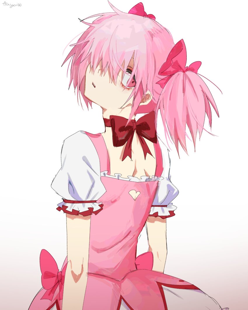 1girl absurdres axy_cang bad_anatomy bad_neck bow bowtie brown_background clothing_cutout dress dress_bow from_behind gradient_background hair_bow heart_cutout highres kaname_madoka kaname_madoka_(magical_girl) looking_at_viewer looking_back looking_to_the_side magical_girl mahou_shoujo_madoka_magica open_mouth pink_bow pink_dress pink_eyes pink_hair puffy_short_sleeves puffy_sleeves red_bow red_bowtie short_hair short_sleeves solo turning_head twintails white_background white_dress