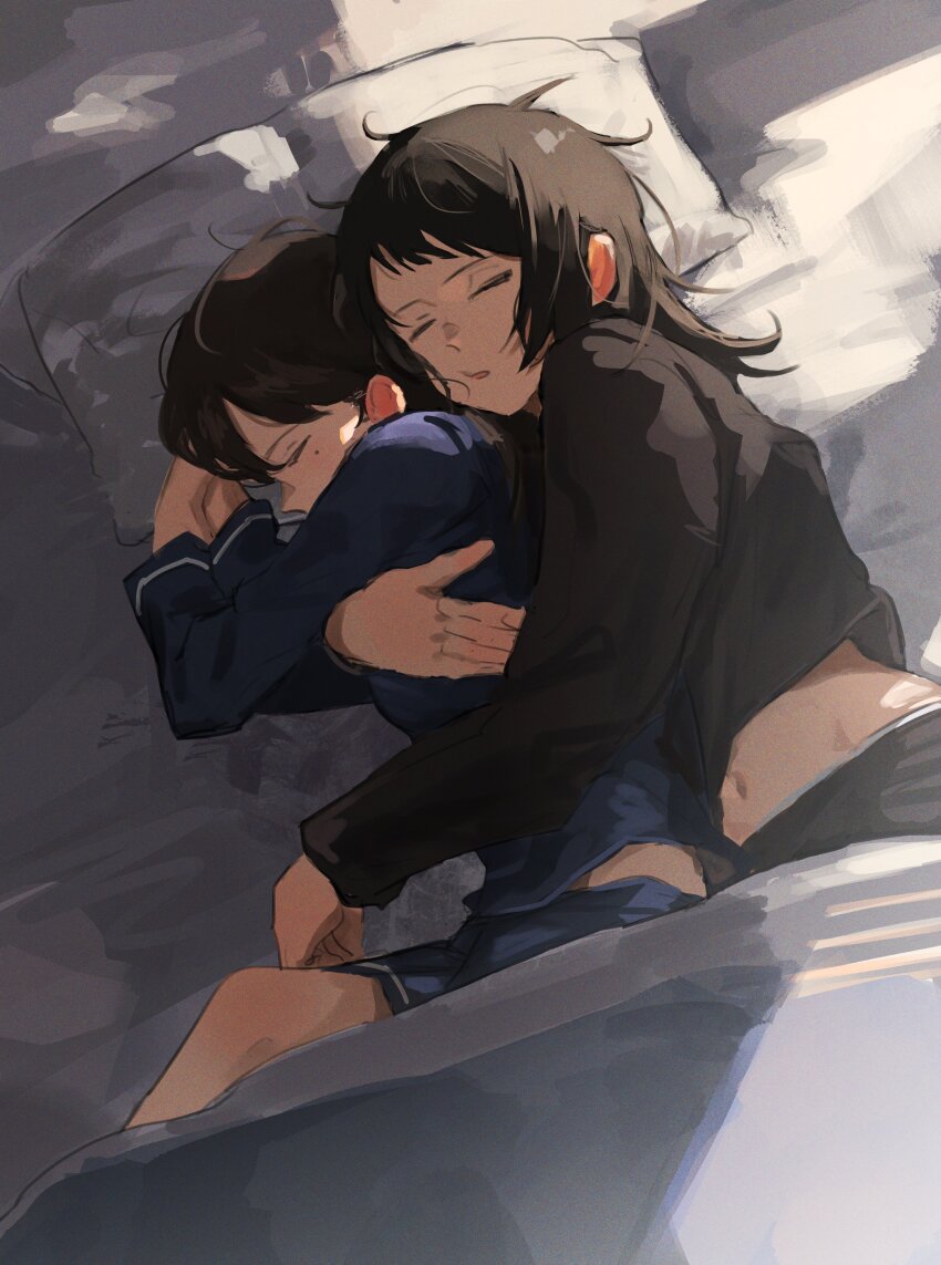 2girls absurdres bang_dream! bang_dream!_it&#039;s_mygo!!!!! black_hair black_shirt black_shorts blue_shirt bonsachoi closed_eyes commentary couple covered_erect_nipples hashtag-only_commentary highres hug hug_from_behind long_sleeves lying male_focus medium_hair midriff mole mole_under_eye multiple_girls navel open_mouth pajamas shiina_taki shirt shorts sleeping yahata_umiri yuri