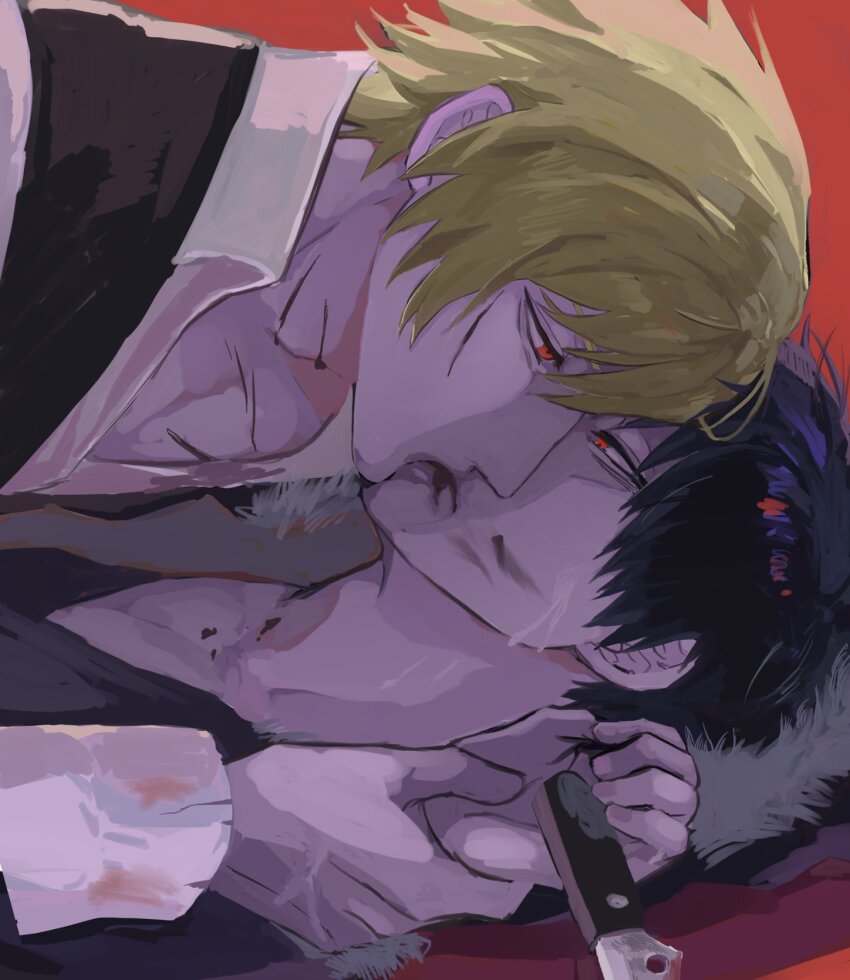 2boys black_hair black_jacket black_vest blonde_hair blood blood_on_face collared_shirt commentary_request durarara!! eye_contact fur-trimmed_hood fur_trim heiwajima_shizuo highres hood hooded_jacket jacket knife looking_at_another male_focus multiple_boys namaemendoiyo orihara_izaya profile red_background red_eyes shirt short_hair simple_background upper_body vest weapon white_fur white_shirt yaoi