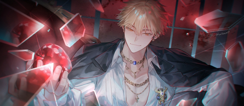 1boy absurdres apple badge black_hair black_jacket blonde_hair blue_gemstone broken_glass chain chain_necklace chair closed_mouth collarbone collared_shirt commentary earrings english_commentary food fruit gem glass glass_shards glint hair_between_eyes hand_up hata_(ohataa0) highres holding holding_food holding_fruit jacket jacket_on_shoulders jewelry long_sleeves looking_at_viewer male_focus multicolored_hair necklace official_alternate_costume open_clothes open_shirt orange_eyes pectoral_cleavage pectorals red_sky shards shiguang_dailiren shirt short_hair sitting sky smile solo twitter_username two-tone_hair upper_body white_shirt window xia_fei