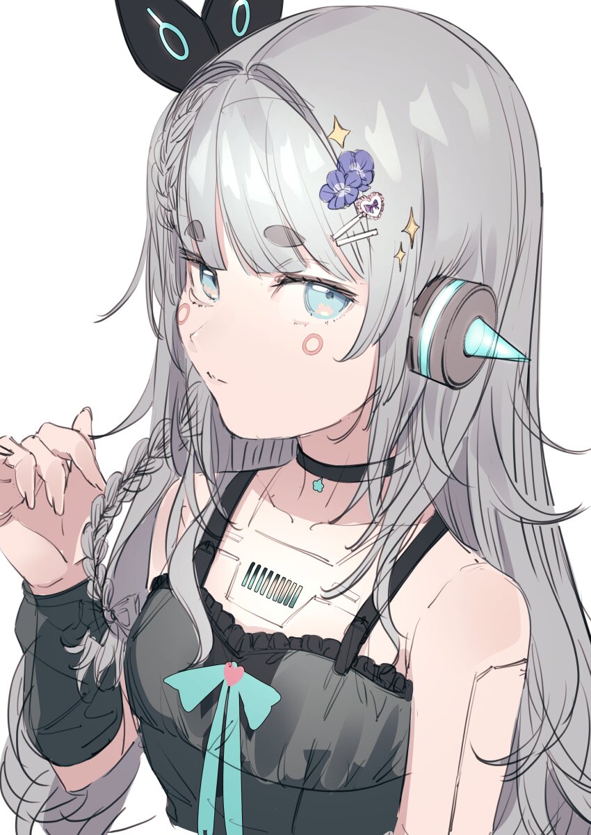 1girl absurdres and_uge black_choker blue_bow blue_bowtie blue_eyes blunt_bangs bow bowtie braid choker circle_facial_mark closed_mouth dress expressionless flat_chest grey_dress grey_hair hairpods hand_up hashtag-only_commentary highres joints long_hair long_sleeves looking_at_viewer nanashi_inc. ogura_tubuan robot_joints side_braid simple_background single_braid solo sundress thick_eyebrows upper_body virtual_youtuber white_background