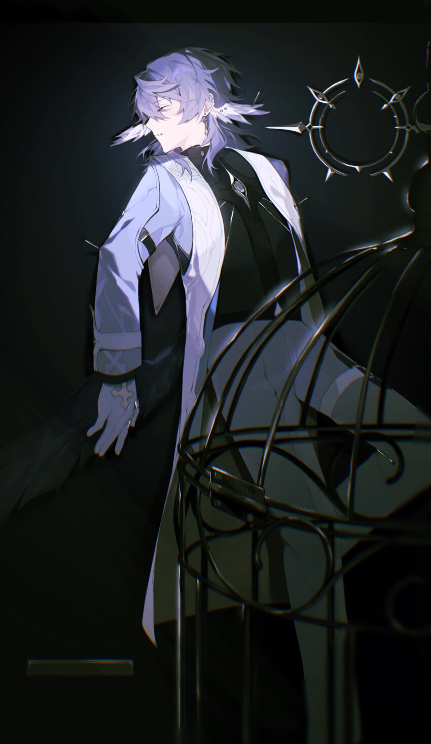 1boy absurdres birdcage black_background black_shirt black_wings cage closed_eyes coat cross_cutout eye_symbol facing_to_the_side feathered_wings feet_out_of_frame glove_cutout gloves grey_coat grey_hair grey_pants hair_between_eyes halo halo_removed head_wings highres honkai:_star_rail honkai_(series) knee_up long_sleeves low_wings lying male_focus medium_hair on_back open_clothes open_coat pants parted_lips piercing profile puyopuyokrg shirt simple_background single_wing sleeve_garter solo spiked_halo sunday_(honkai:_star_rail) sunday_(sacerdos&#039;_relived_ordeal)_(honkai:_star_rail) thigh_strap turtleneck white_gloves white_wings wing_piercing wings