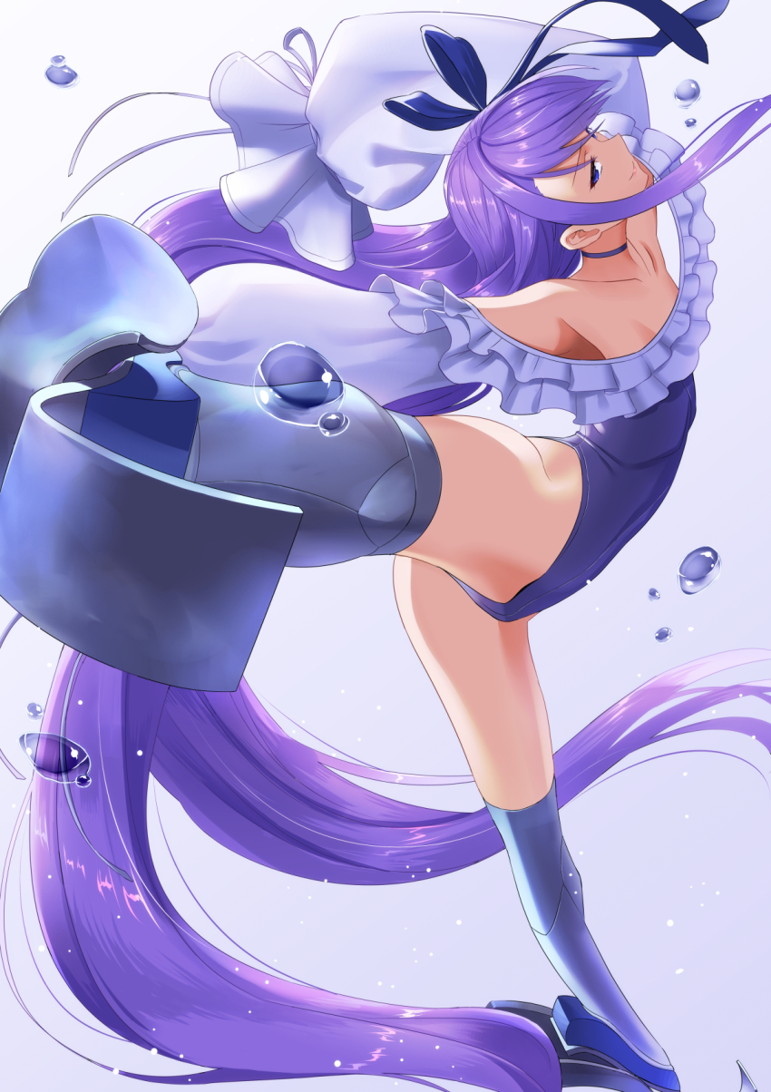1girl arched_back armor bad_id bad_pixiv_id bare_shoulders blue_eyes blue_one-piece_swimsuit blue_ribbon breasts closed_mouth collarbone covered_navel dancing fate/grand_order fate_(series) female_focus frills fujimo_ruru greaves hair_between_eyes hair_ribbon highleg highleg_one-piece_swimsuit highres leg_up legs long_hair long_sleeves looking_at_viewer meltryllis meltryllis_(fate) meltryllis_(swimsuit_lancer)_(fate) meltryllis_(swimsuit_lancer)_(second_ascension)_(fate) one-piece_swimsuit puffy_sleeves purple_hair ribbon sleeves_past_fingers sleeves_past_wrists small_breasts smile solo swimsuit thighs very_long_hair water_drop