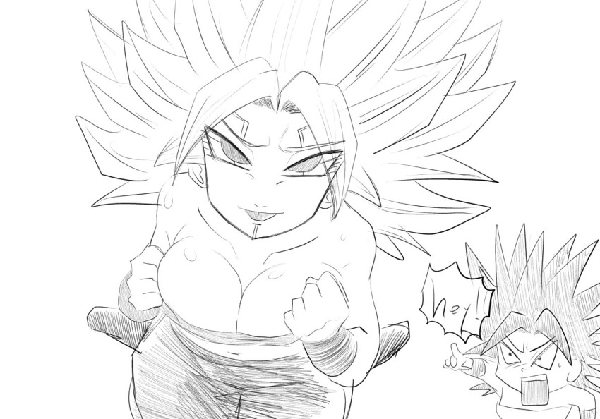 2girls alternate_hair_color bound bound_wrists breasts caulifla damage defeat dragon_ball dragon_ball_heroes dragon_ball_super kakoi_66 kale_(dragon_ball) kamin_(dragon_ball) large_breasts lying multiple_girls oren_(dragon_ball) possessed possession smile tongue tongue_out