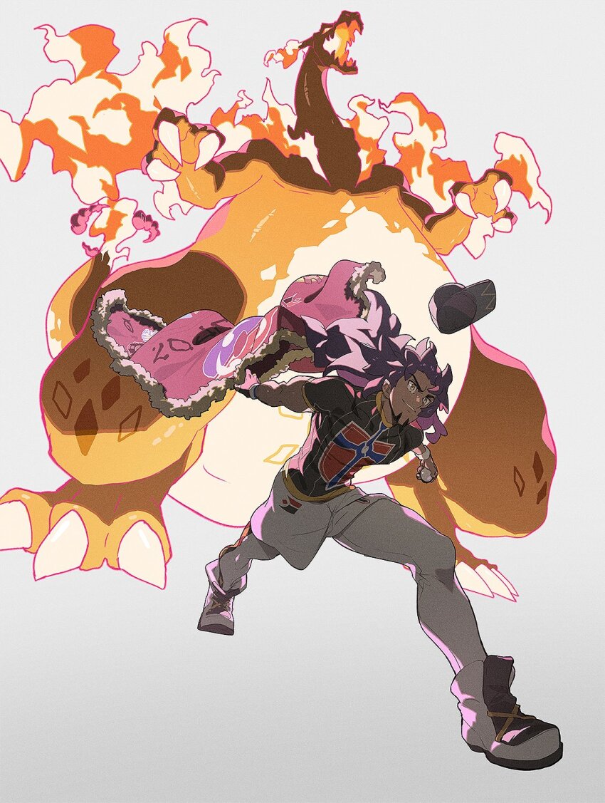 1boy baseball_cap beard black_hat black_shirt cape champion_uniform charizard chinstrap_beard claws commentary daniel_deng dark-skinned_male dark_skin dynamax_band facial_hair fangs fire fur-trimmed_cape fur_trim gen_1_pokemon gigantamax gigantamax_charizard gloves hat hat_loss highres holding holding_poke_ball jewelry leggings legs_apart leon_(pokemon) long_hair mismatched_eyebrows mismatched_facial_hair nintendo outstretched_legs parted_lips partially_fingerless_gloves pinstripe_pattern pinstripe_shirt poke_ball pokemon pokemon_(creature) pokemon_swsh purple_hair red_cape shield_print shirt shoes short_sleeves shorts single_glove smile striped_clothes striped_shirt sword_print toned toned_male unworn_cape unworn_hat unworn_headwear v-shaped_eyebrows vertical-striped_clothes vertical-striped_shirt white_leggings white_shoes white_shorts yellow_eyes
