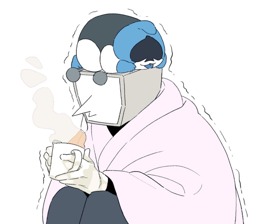 2boys alaeloga106 ant_tenna black_pants cup deltarune gloves highres holding holding_cup korean_commentary lancer_(deltarune) male_focus multiple_boys object_head on_head pants person_on_head pointy_nose simple_background sitting size_difference steam tongue tongue_out trembling white_background white_gloves wrapped_in_blanket
