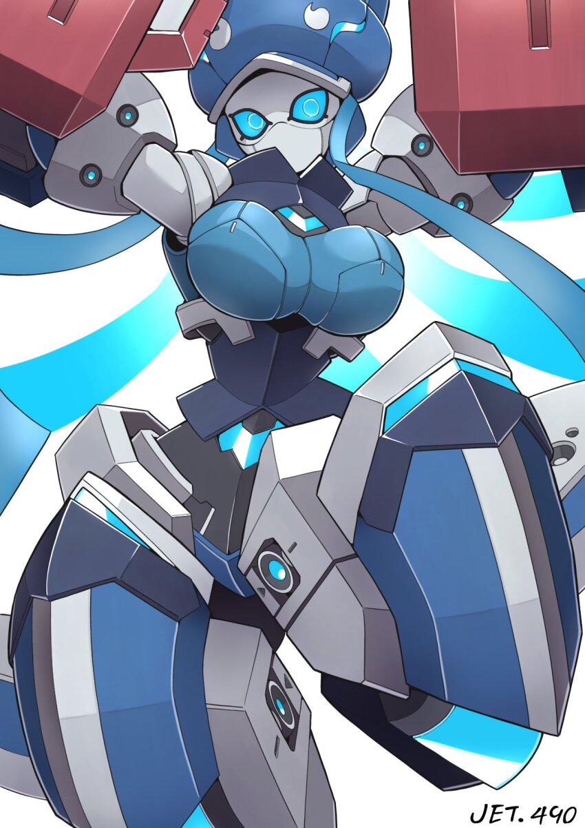 armor arms_up blue_eyes blue_hair blue_hat breasts character_name commission hat highres humanoid_robot jet_(jetngs) joints large_breasts long_hair no_mouth original phantasy_star phantasy_star_online_2 robot robot_girl robot_joints second-party_source shigure1213 skeb_commission wide_hips