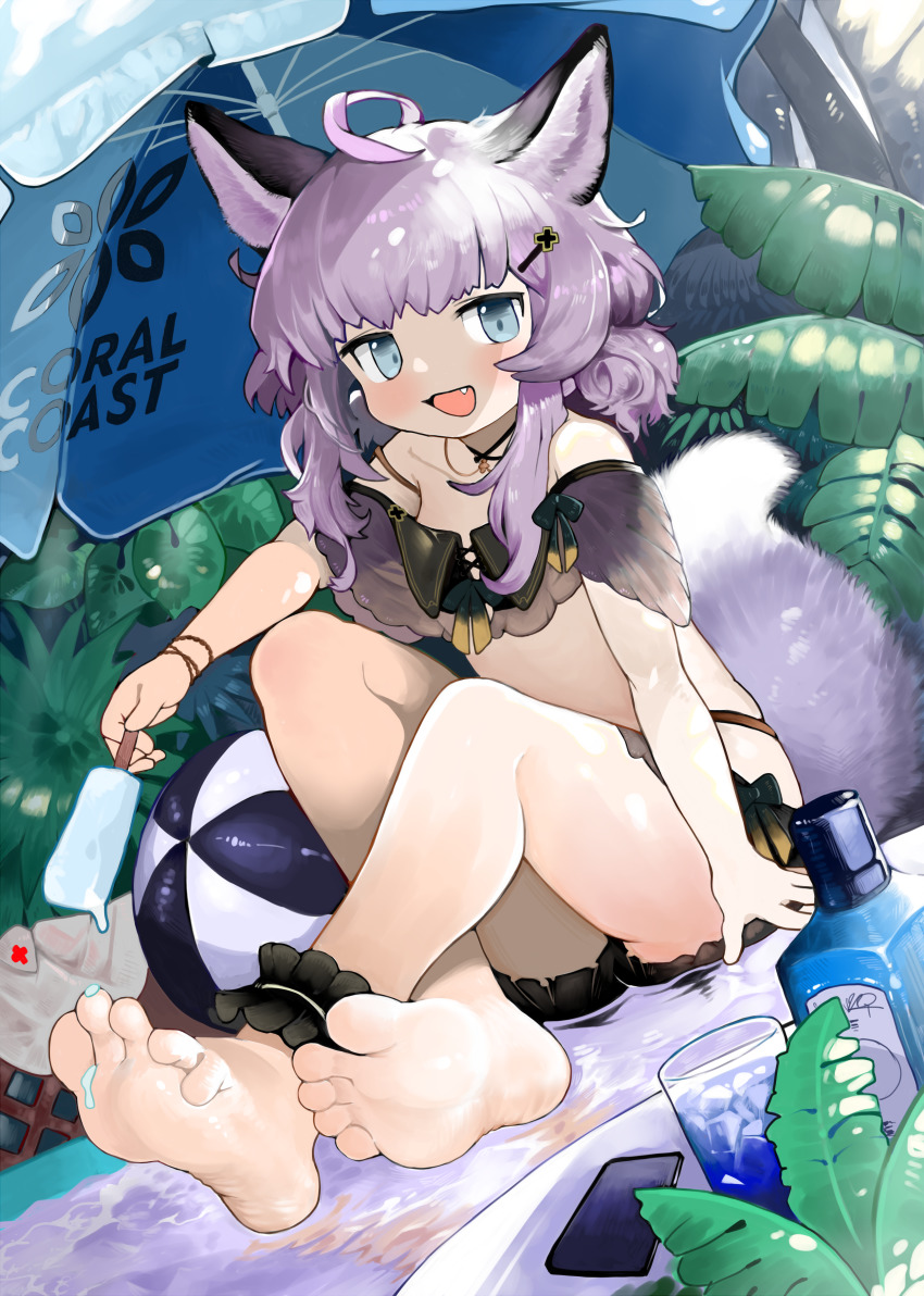 1girl absurdres ahoge animal_ear_fluff animal_ears ankle_garter arknights barefoot blue_eyes blush breasts crop_top dripping fang feet food foot_focus hair_ornament hairpin highres jewelry looking_at_viewer medium_hair menthako necklace off_shoulder official_alternate_costume open_mouth popsicle purple_hair sitting small_breasts soles solo sussurro_(arknights) tail toes umbrella