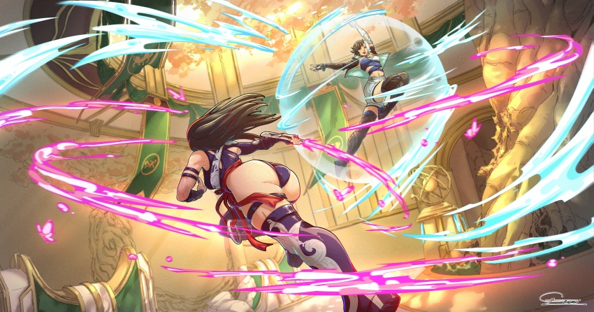 2girls absurdres ass aura chuckuddin crop_top fighting glowing glowing_sword glowing_weapon highres leotard luna_snow marvel marvel_rivals midair multicolored_hair multiple_girls psylocke short_shorts shorts split-color_hair sword thighhighs weapon x-men
