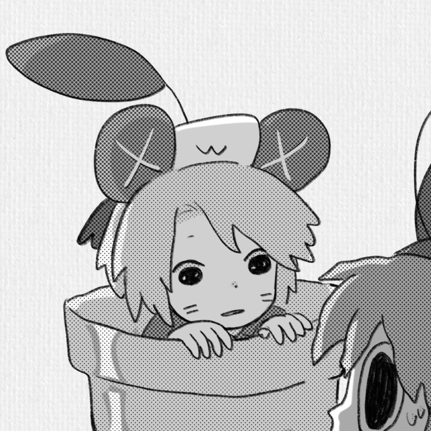 2boys commentary_request facial_mark grey_background greyscale hat highres industrial_pipe kinder_surprised_michael_jr. male_focus monochrome mouse_hat multiple_boys nintendo pikmin_(series) present_day_problem_takeuchi_robert randal&#039;s_friends sailor sailor_hat shieriru short_hair sprout_on_head whisker_markings