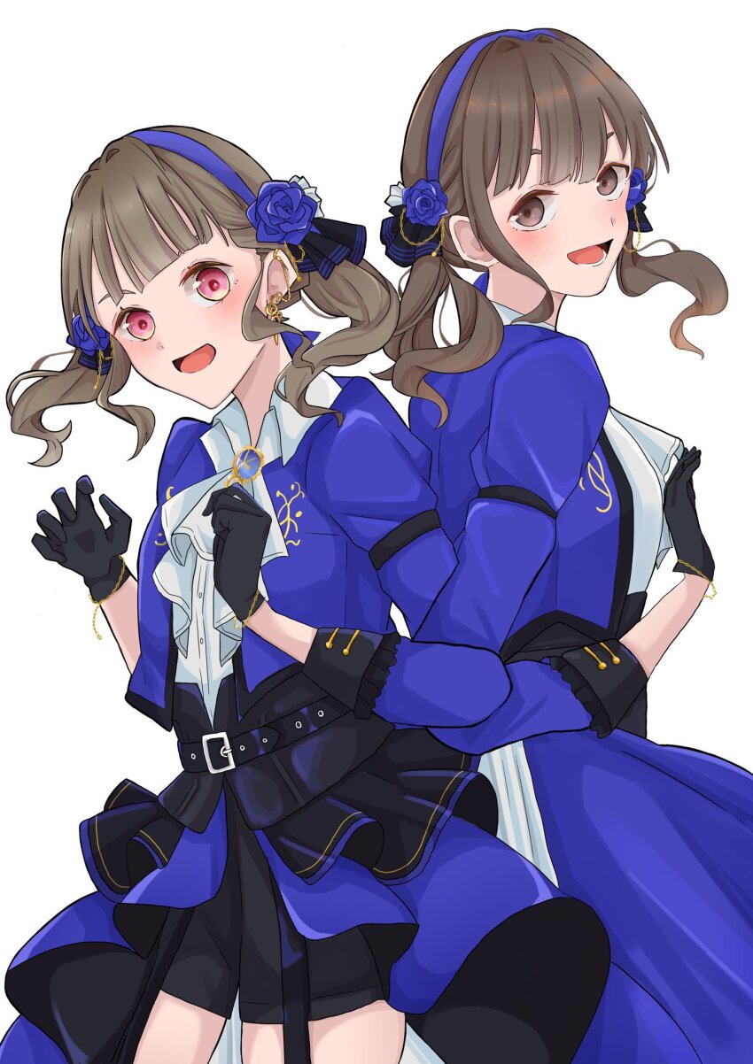 2girls :d animification artistic_error ascot back-to-back black_gloves black_shorts blue_flower blue_hairband blue_jacket blue_rose blunt_bangs blush brown_eyes brown_hair collared_shirt commentary_request compass_(love_live!) cowboy_shot dress_shirt flower flower_hairband flower_stand_art gloves hairband hayama_fuka highres holding_hands jacket kachimachi_kosuzu link!_like!_love_live! locked_arms long_hair long_sleeves looking_at_viewer love_live! lower_teeth_only multiple_girls official_alternate_costume open_clothes open_jacket open_mouth pink_eyes real_life roku_aya_fuyu rose shirt shorts sidelocks simple_background smile standing teeth twintails virtual_youtuber voice_actor voice_actor_connection white_ascot white_background white_shirt