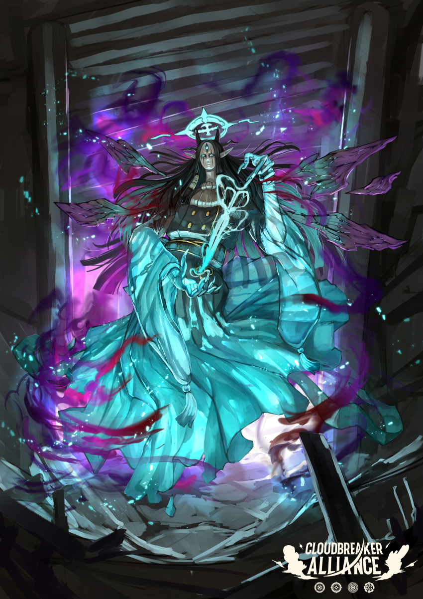 absurdres aqua_eyes aqua_halo aura black_hair closed_mouth cloudbreaker_alliance copyright_name dark_aura fantasy halo highres long_hair looking_at_viewer monster official_art scissors slit_pupils solo tagme third_eye yumo80295386