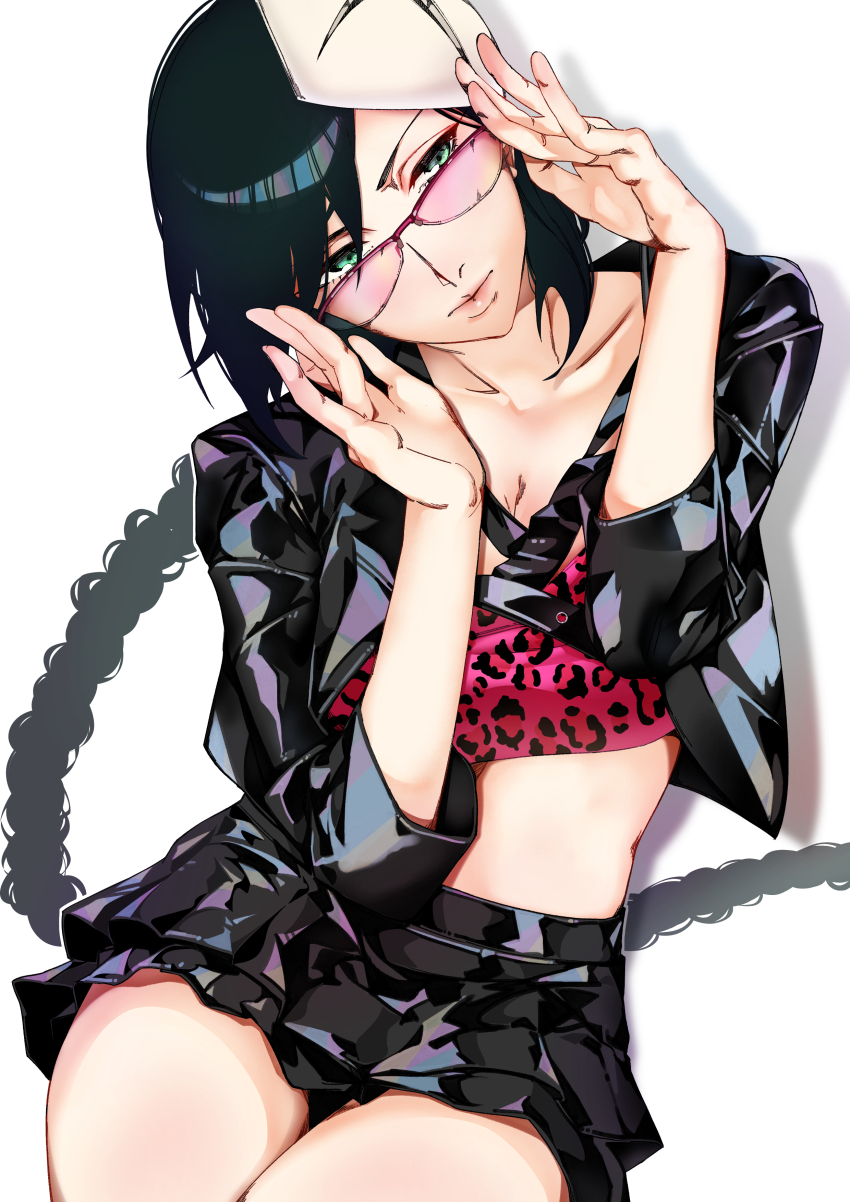 1girl absurdres adjusting_eyewear black_hair black_jacket bleach braid braided_ponytail breasts collarbone crop_top dakaeya female_focus glasses green_eyes highres hollow_mask jacket legs_together lips long_hair simple_background sitting skirt small_breasts visored white_background yadoumaru_lisa