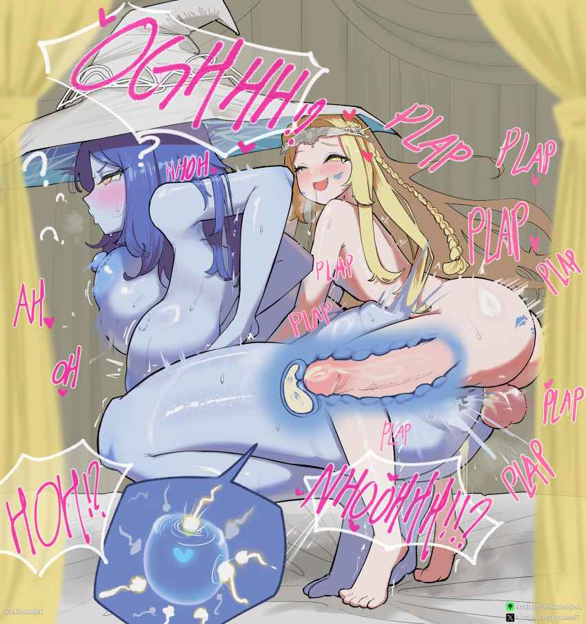 1boy 1girl ? absurdres age_difference alternate_breast_size_(larger) ass balloon_womb barefoot bite_mark bite_mark_on_breast blonde_hair blue_hair blue_skin blush bouncing_breasts braid breasts brother_and_sister circlet colored_skin commentary completely_nude cum cum_in_pussy cum_overflow curtains ejaculation elden_ring fang fertilization from_side full_body half-closed_eyes half-siblings hat heart hetero highres huge_ass huge_breasts huge_penis impregnation incest internal_cumshot josou_seme large_penis lipstick_mark lipstick_mark_on_ass lipstick_mark_on_face mind_control miquella_(elden_ring) moaning nipples nude onee-shota open_mouth ovum penis plap q1w2e3r4_(pixiv_75476659) ranni_the_witch sex shotadom siblings size_difference smaller_dominant smile speech_bubble sperm_cell squatting tally testicles tiptoes toes trap trap_on_female uncensored vaginal witch_hat x-ray yellow_eyes