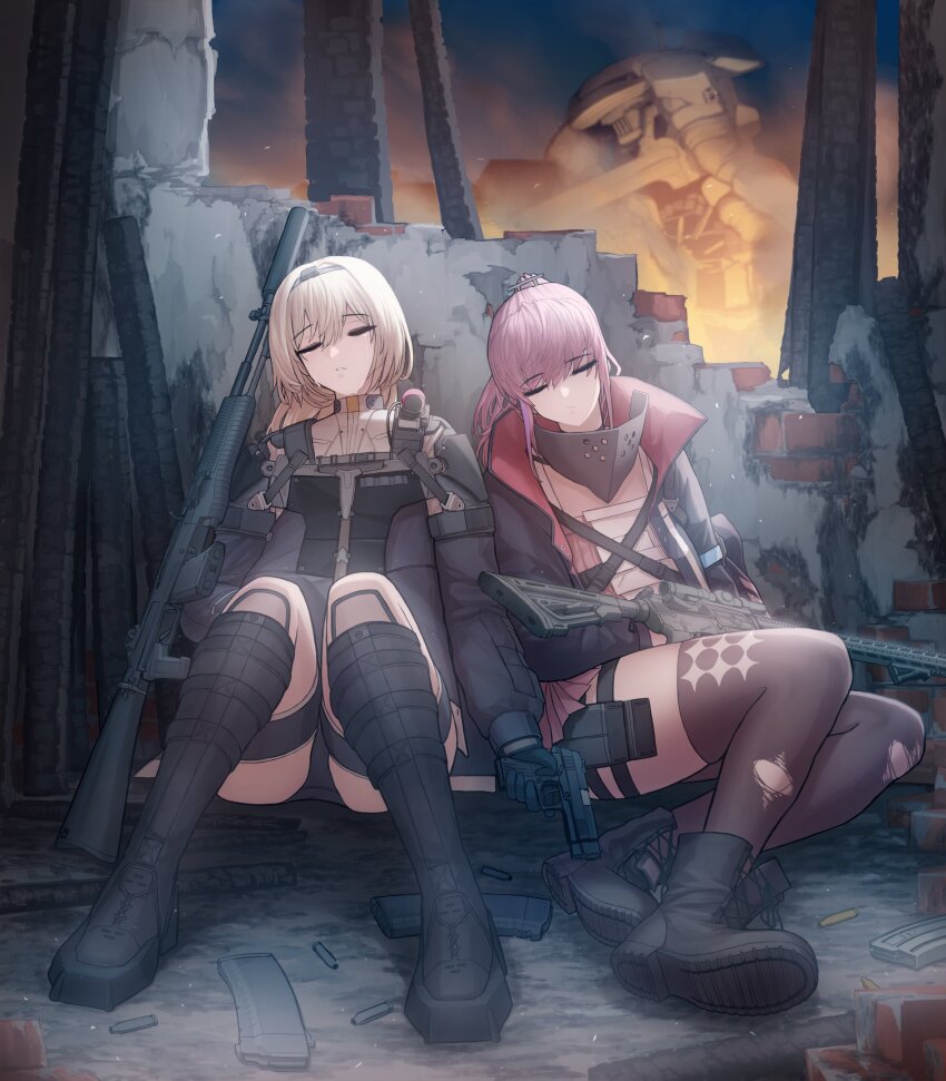 2girls absurdres an-94 an-94_(girls&#039;_frontline) an-94_(mod3)_(girls&#039;_frontline) ar-15 assault_rifle black_gloves blonde_hair boots cheogtanbyeong closed_eyes commentary_request dress full_body girls&#039;_frontline gloves gun handgun highres holding holding_gun holding_weapon jacket korean_commentary legs_up magazine_(weapon) mod3_(girls&#039;_frontline) mp-443_grach multiple_girls open_mouth pink_dress pink_hair ponytail rifle ruins shell_casing sitting st_ar-15_(girls&#039;_frontline) st_ar-15_(mod3)_(girls&#039;_frontline) suppressor thighhighs torn_clothes torn_thighhighs weapon