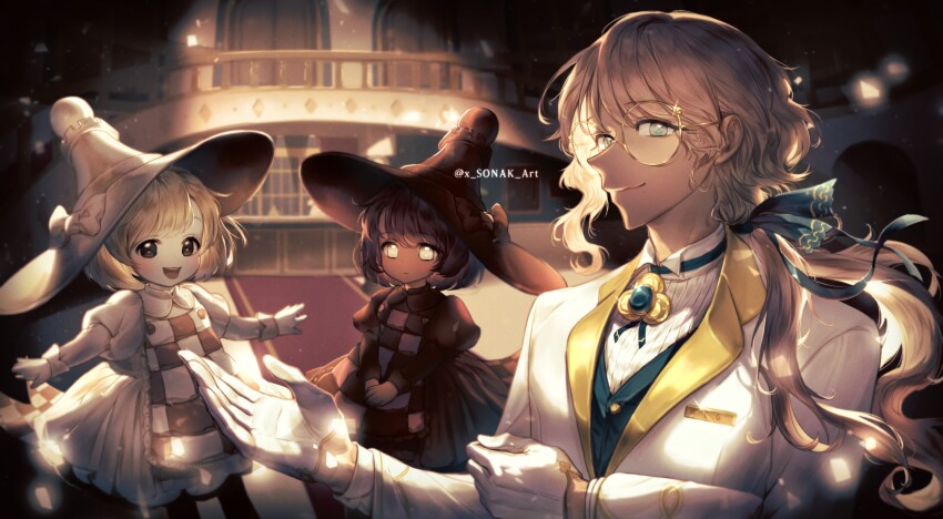 1boy 2others :d apron asymmetrical_hair backlighting black_eyes blonde_hair blue_eyes bob_cut bow brown_bow brown_dress brown_hair brown_hat carpet checkered_apron checkered_clothes closed_mouth collared_dress collared_shirt colored_skin commentary_request cookie_run cookie_run:_ovenbreak cowboy_shot dark_skin dress earl_grey_cookie expressionless frilled_apron frills glasses gloves green_bow green_brooch green_vest hair_bow hat hat_bow highres humanization indoors jacket juliet_sleeves korean_commentary lapels large_hat light_particles long_hair long_sleeves looking_at_viewer low_ponytail making-of_available multiple_others open_mouth own_hands_together pawn_black_cookie pawn_white_cookie ponytail puffy_sleeves railing red_carpet ribbed_shirt round_eyewear shirt short_hair siblings single_sidelock smile sparkle teeth tongue twins twitter_username upper_body upper_teeth_only v_arms vest white_bow white_dress white_eyes white_gloves white_hat white_jacket white_shirt white_skin window witch_hat x_sonak yellow-framed_eyewear