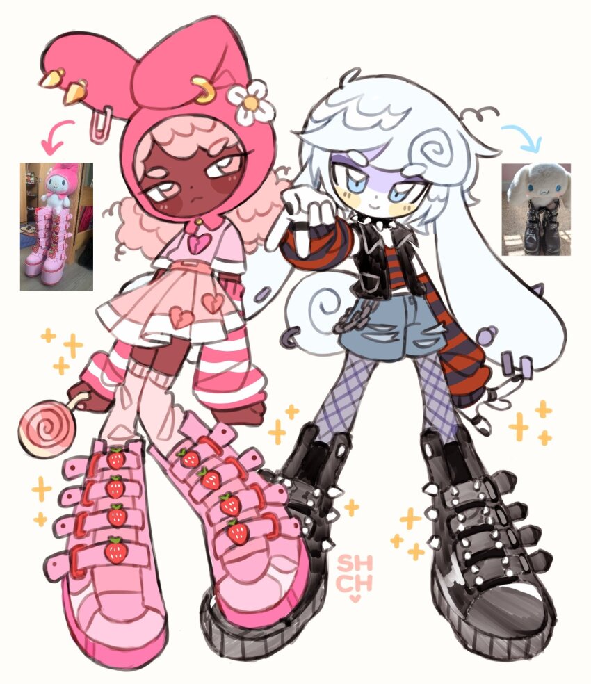 1boy 1girl :&lt; ahoge animal_ear_piercing animal_ears animal_hood belt_chain black_arm_warmers black_collar black_footwear black_nails black_shirt black_vest blue_eyes blush boots broken_heart_print candy cinnamoroll closed_mouth collar colored_skin commentary curly_hair dark-skinned_female dark_skin emo_fashion english_commentary fishnet_pantyhose fishnets flower food food-themed_clothes hair_flower hair_ornament heart heart_print highres holding holding_candy holding_food holding_lollipop hood jewelry lollipop multiple_rings my_melody onegai_my_melody pantyhose pastel_colors photo_inset piercing pink_arm_warmers pink_boots pink_eyes pink_hair pink_shirt pink_skirt pink_socks pleated_skirt rabbit_ears rabbit_hood red_arm_warmers red_shirt reference_inset ring safety_pin safety_pin_piercing sanrio sharpycharot shirt short_sleeves skirt smile socks sparkle spiked_collar spiked_footwear spikes strawberry_ornament striped_arm_warmers striped_clothes striped_shirt swirl_lollipop tail tail_ornament tail_piercing v vest white_background white_flower white_hair white_skin