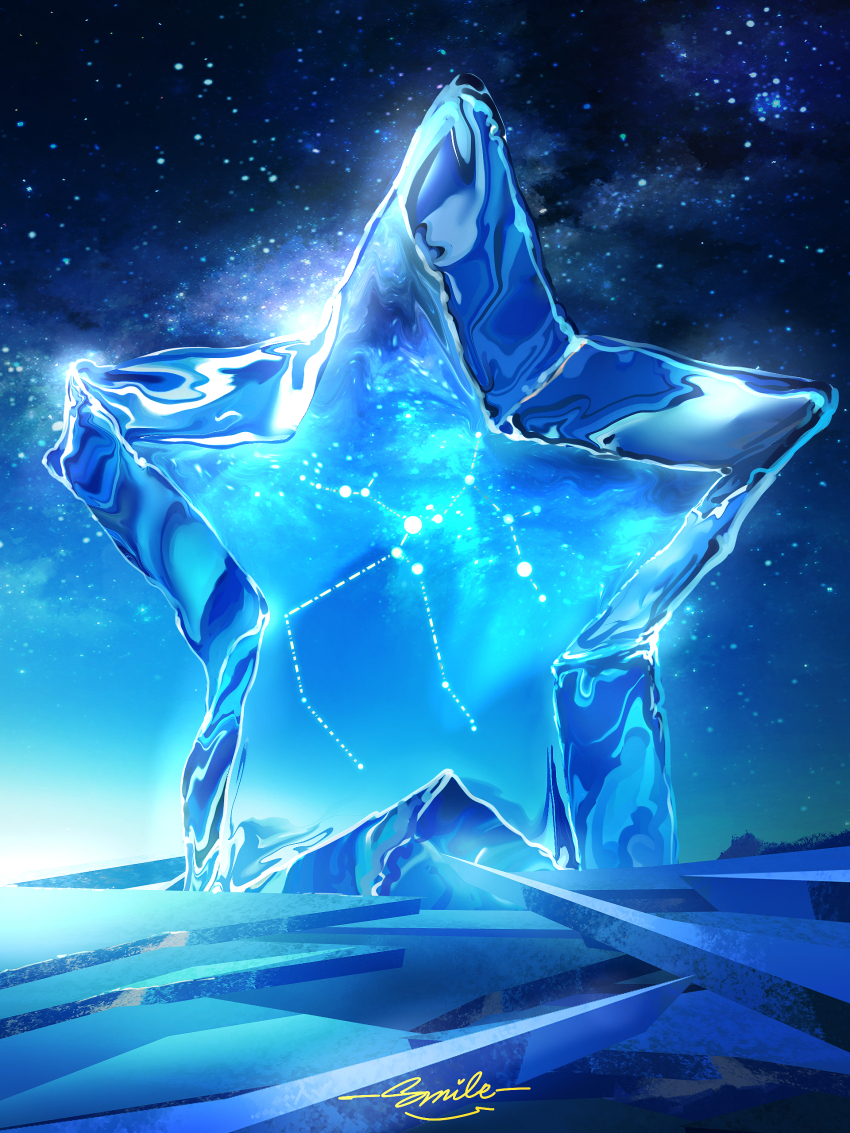 absurdres artist_name commentary constellation highres ice night night_sky no_humans original outdoors sagittarius_(constellation) scenery sky smile_(qd4nsvik) star_(sky) star_(symbol) starry_sky